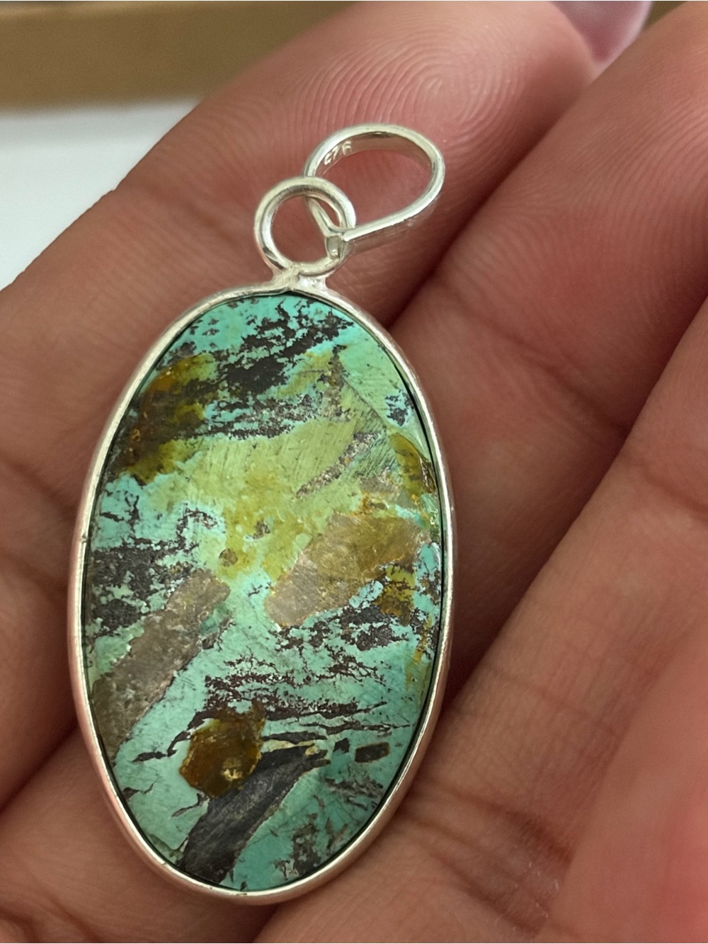925 Sterling Silver Turquoise and Green Natural Stone Oval Pendant